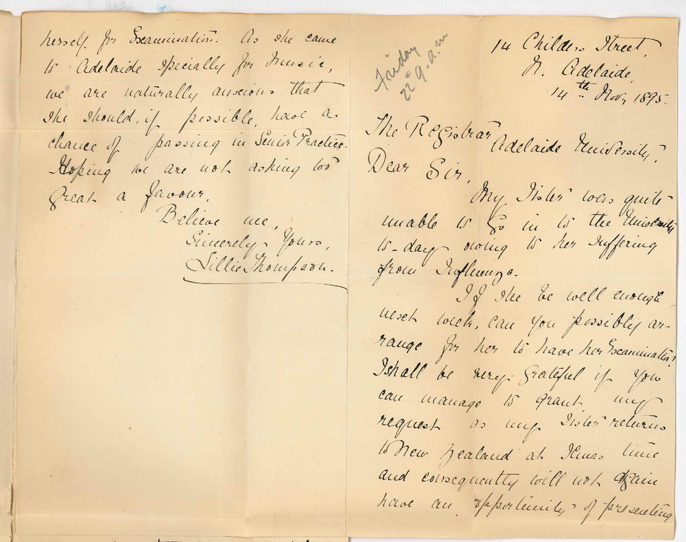Miss Lillie Thompson - Childers Street North Adelaide - Miss H M Thompson unable to attend Music Exam on account illness