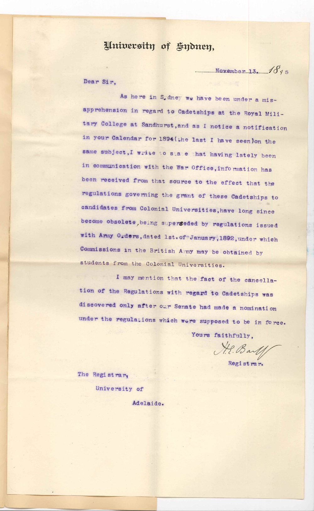Henry Ebenezer Barff - Registrar University of Sydney - Enquiring re Military Cadetships