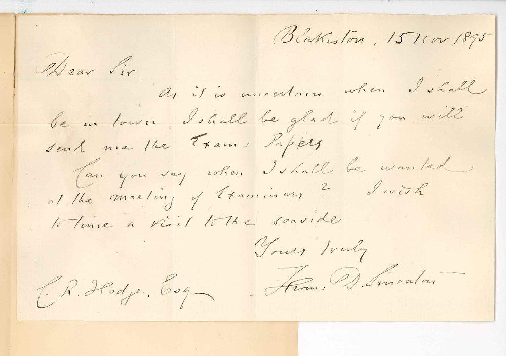 Thomas D Smeaton - Blakiston - Regarding meeting of Board of Examiners