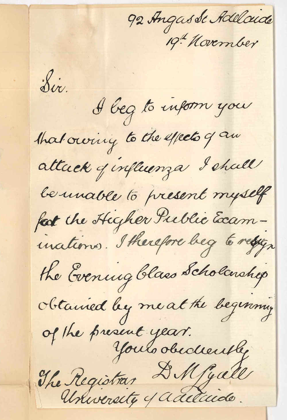 D M Lyall - Angas Street Adelaide - Resigning Evening Scholarship