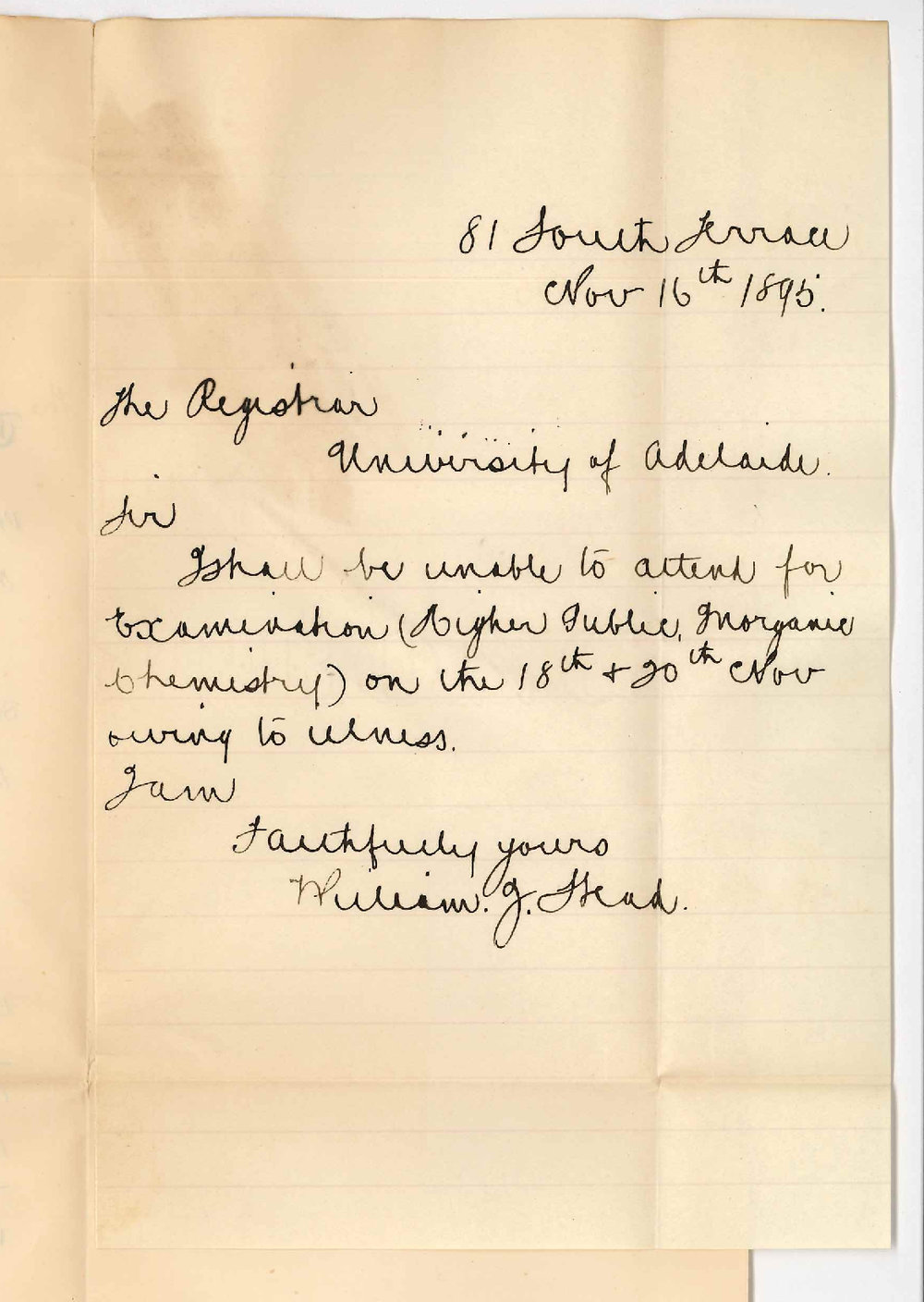 William J Stead - South Terrace Adelaide - Unable to attend Higher Public Exam on account illness