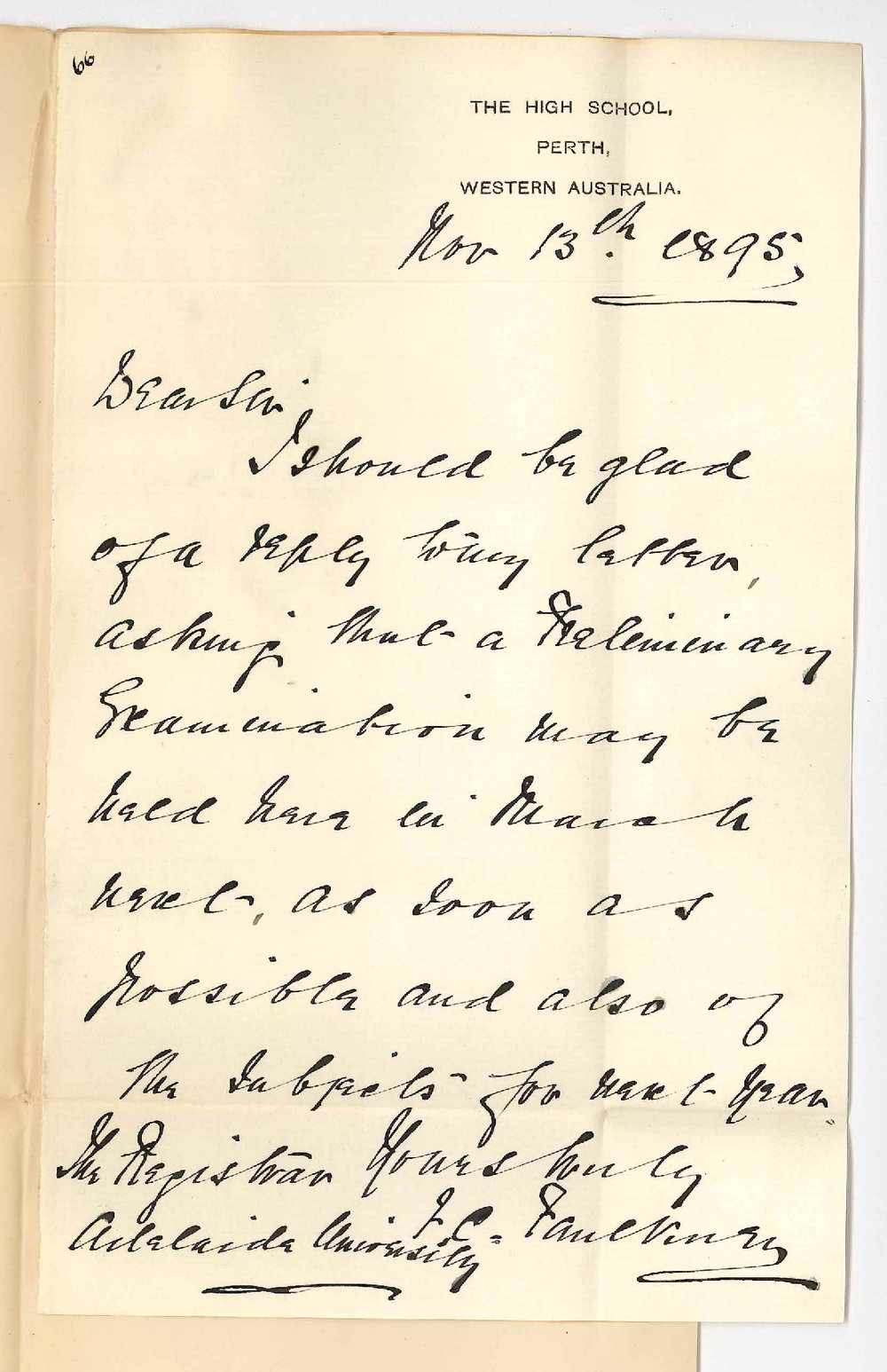 F C Faulkner - High School - Perth WA - Regarding Preliminary Examination at Perth