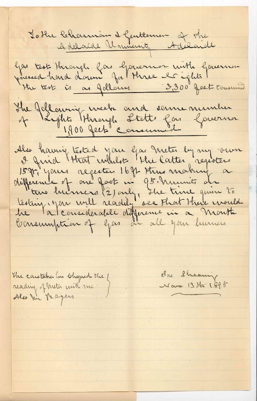 James Shearing - Adelaide - Regarding tests of Gas Governor on University gas meter