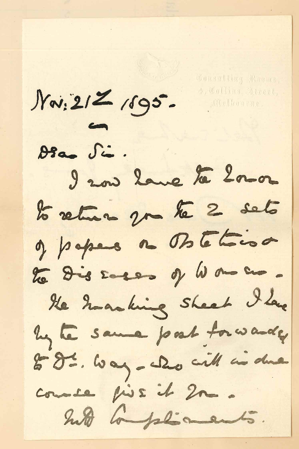 Dr Walter Balls-Headley - 4 Collins Street Melbourne - Returning papers on Obstetrics