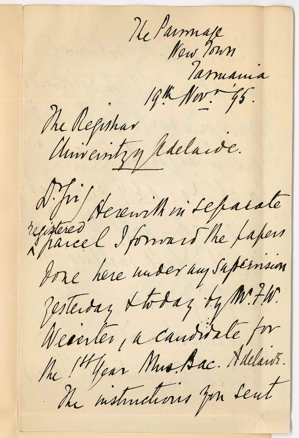 Archdeacon Whitington - New Town Tasmania - Forwarding answers of Music Bachelor Exam