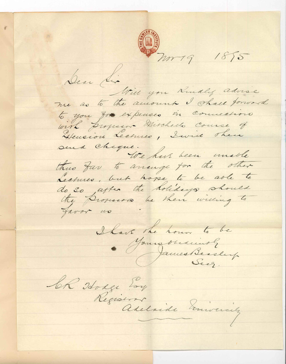 James Beasley - Secretary - Institute Gawler - Regarding Professor Mitchells expenses Extension lectures
