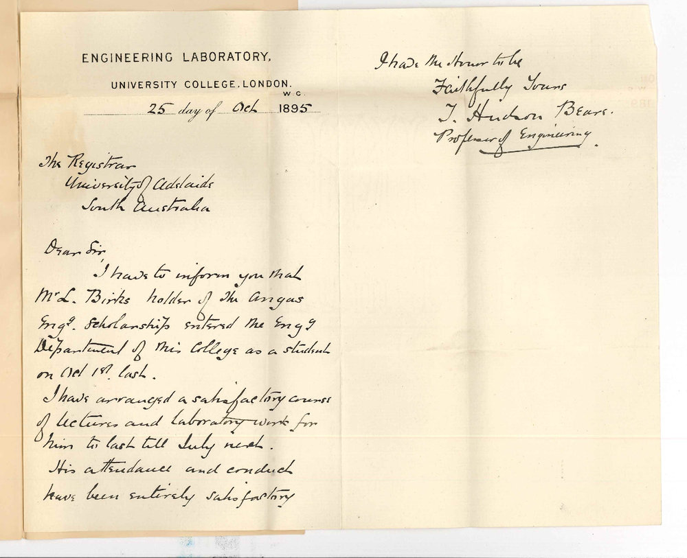 Professor T Hudson Beare - Engineering Laboratory - University College London WC - Progress report as Angas Scholar Lawrence Birks