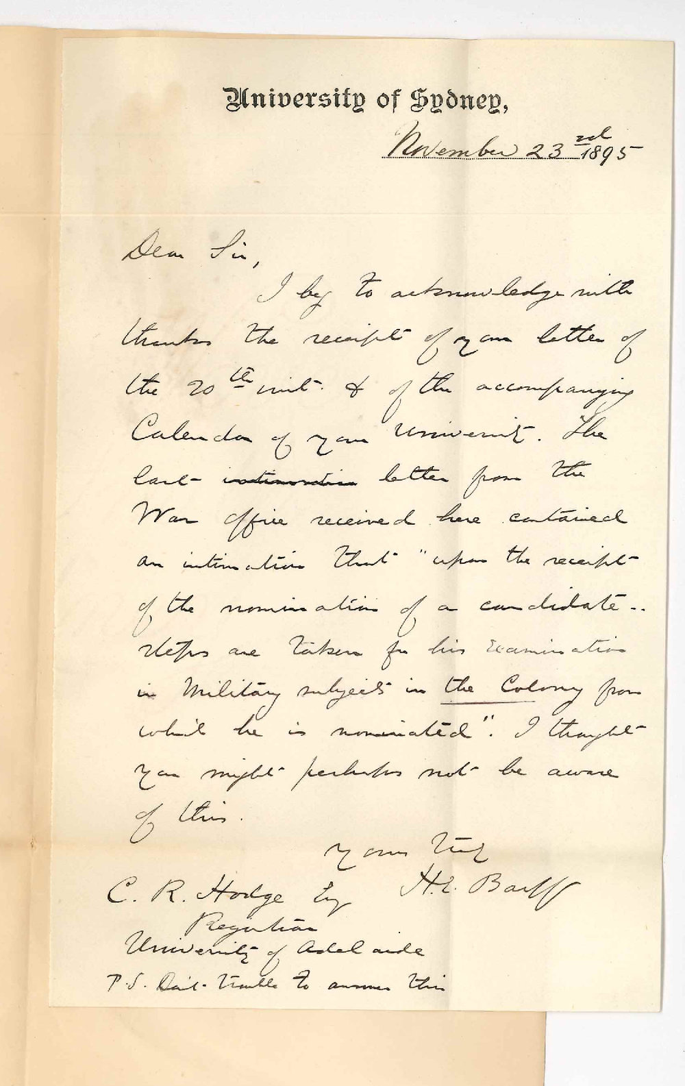 Henry Ebenezer Barff - Registrar University of Sydney - Examination for Military Cadetships