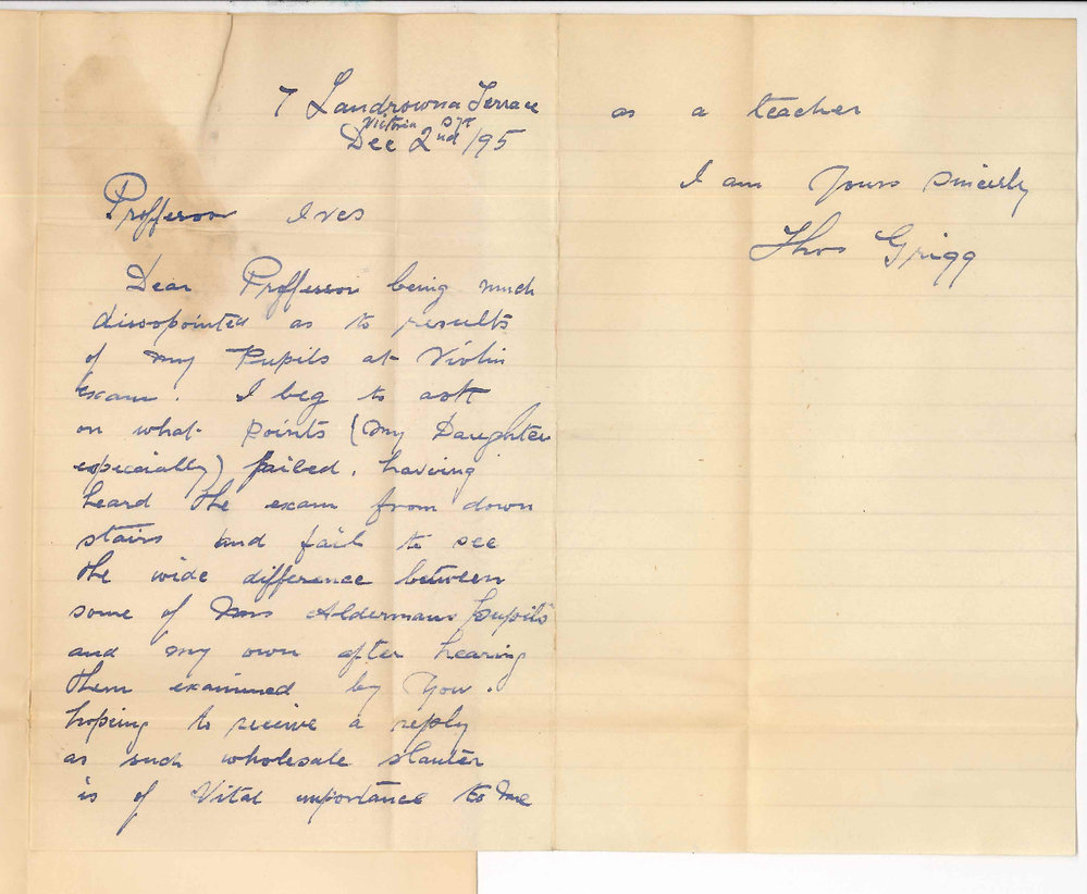 Thomas Grigg - Victoria Square Adelaide - Enquiring regarding failure in violin playing exam