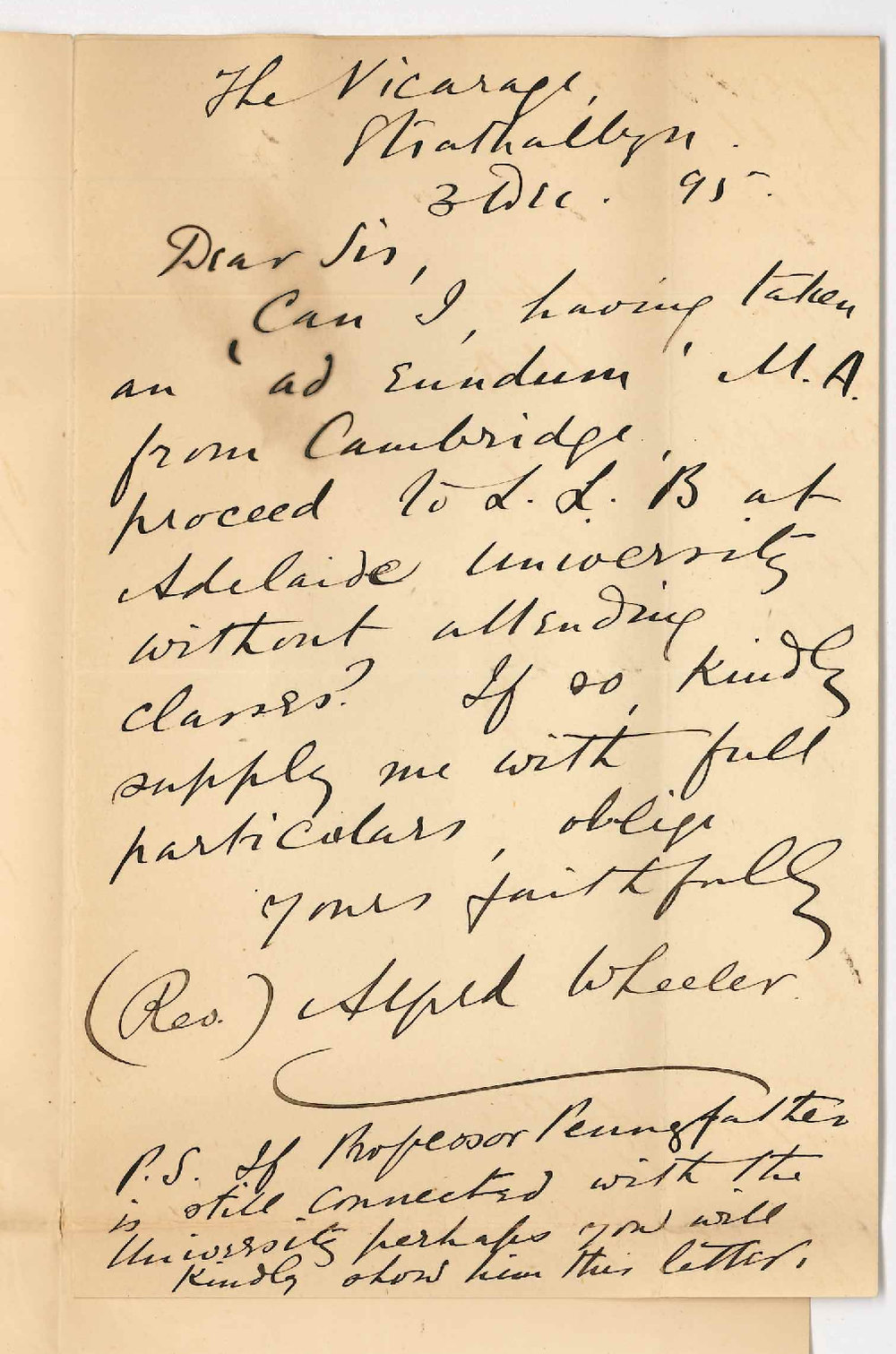 Reverend A Wheeler MA - The Vicarage - Strathalbyn - Regarding LLB degree without attending lectures