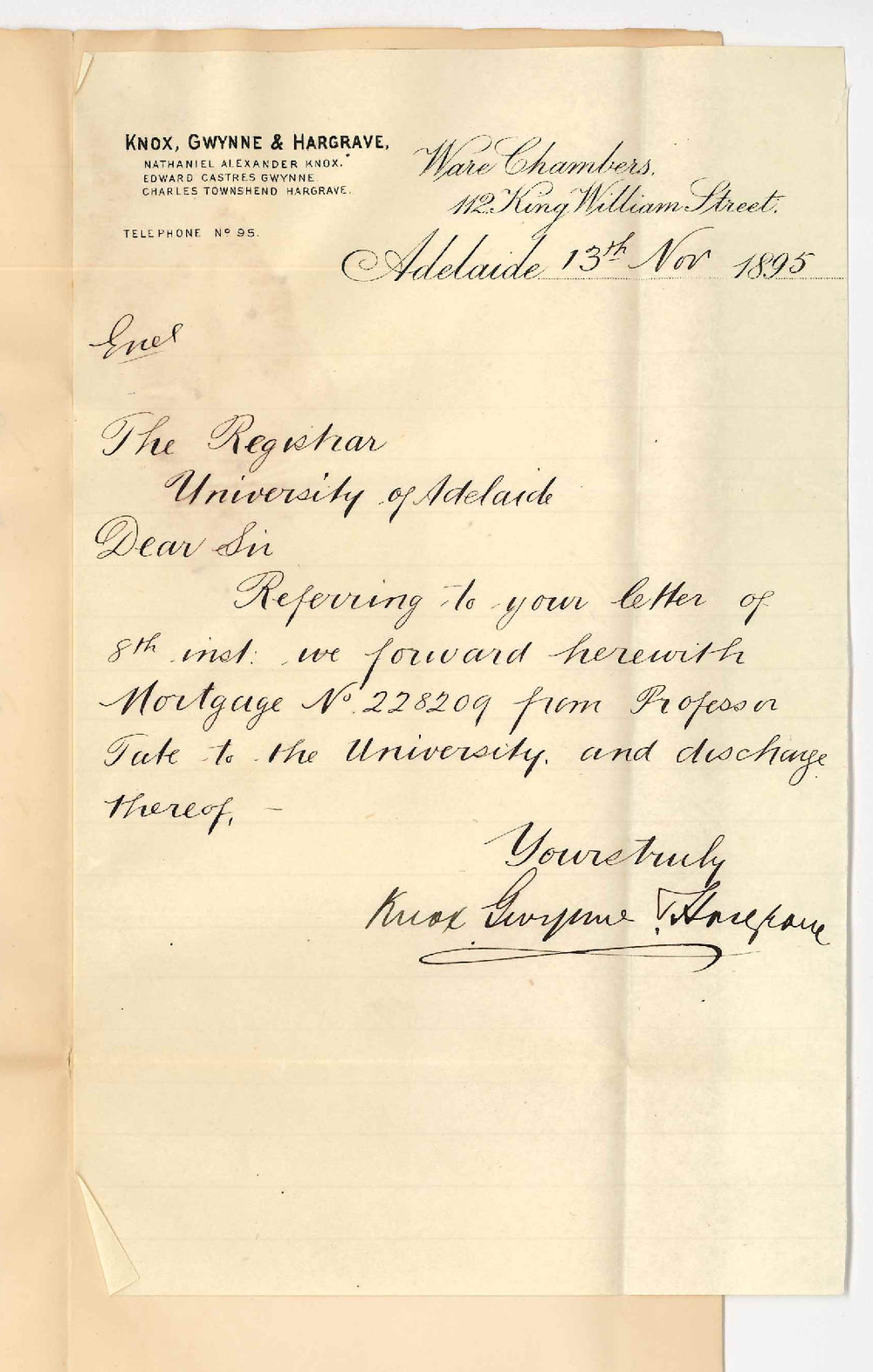 Knox Gwynne and Hargrave - King William Street Adelaide - Forwarding mortgage and discharge Professor Tate
