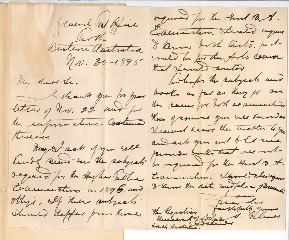 Reverend S Gilmer - General Post Office Perth WA - Regarding BA and Higher Public Examinations