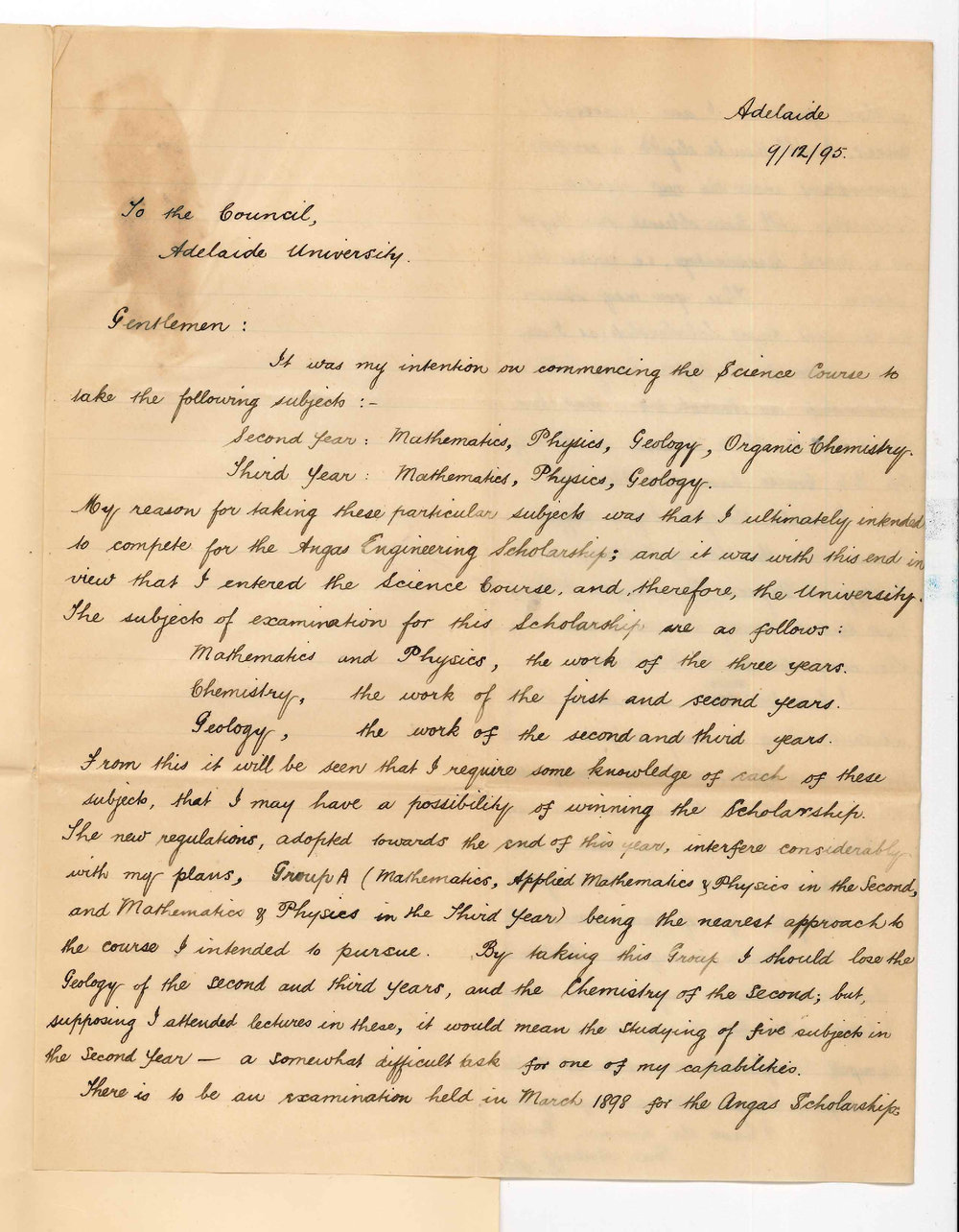 Charles Francis Stephens - BSc Student - Regarding BSc regulations and Angas Scholarship