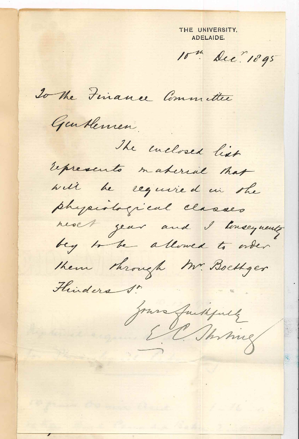 Dr Edward Charles Stirling - Permission to purchase instruments for laboratory