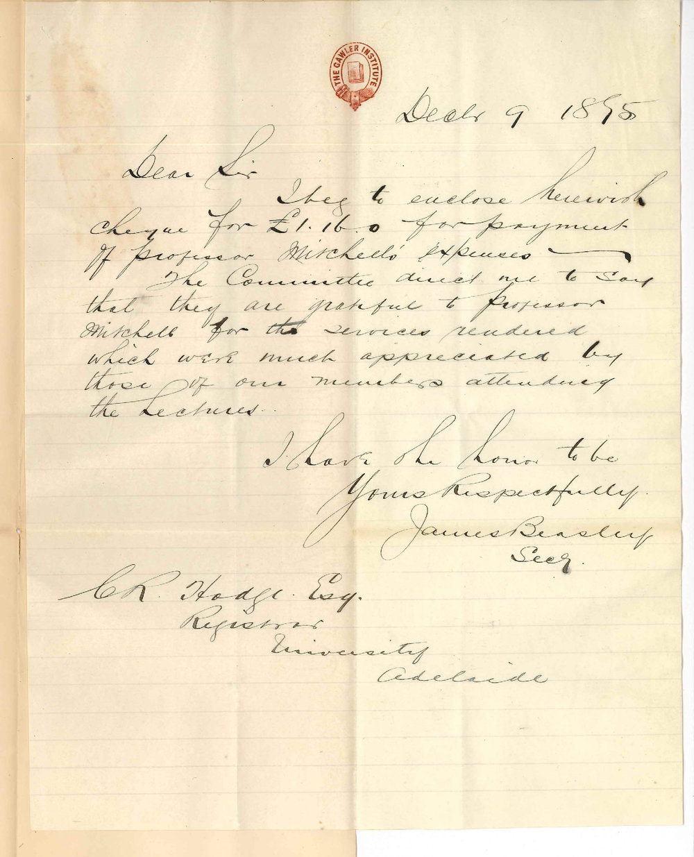 James Beasley - Secretary - Gawler Institute - Forwarding cheque for Professor Mitchells expenses