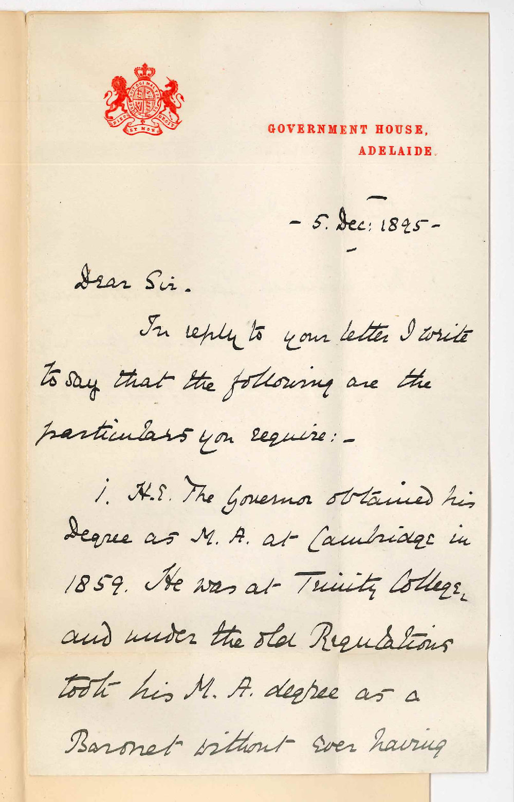 A E Henniker - Government House - Particulars re His Excellencys degree and Mr Conybeares