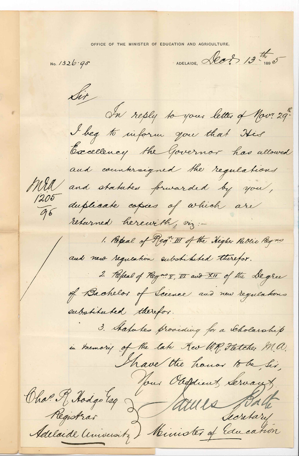 James Bath - Secretary - Office of Minister of Agriculture and Education - Adelaide - Returning statutes and regulations signed by the Governor