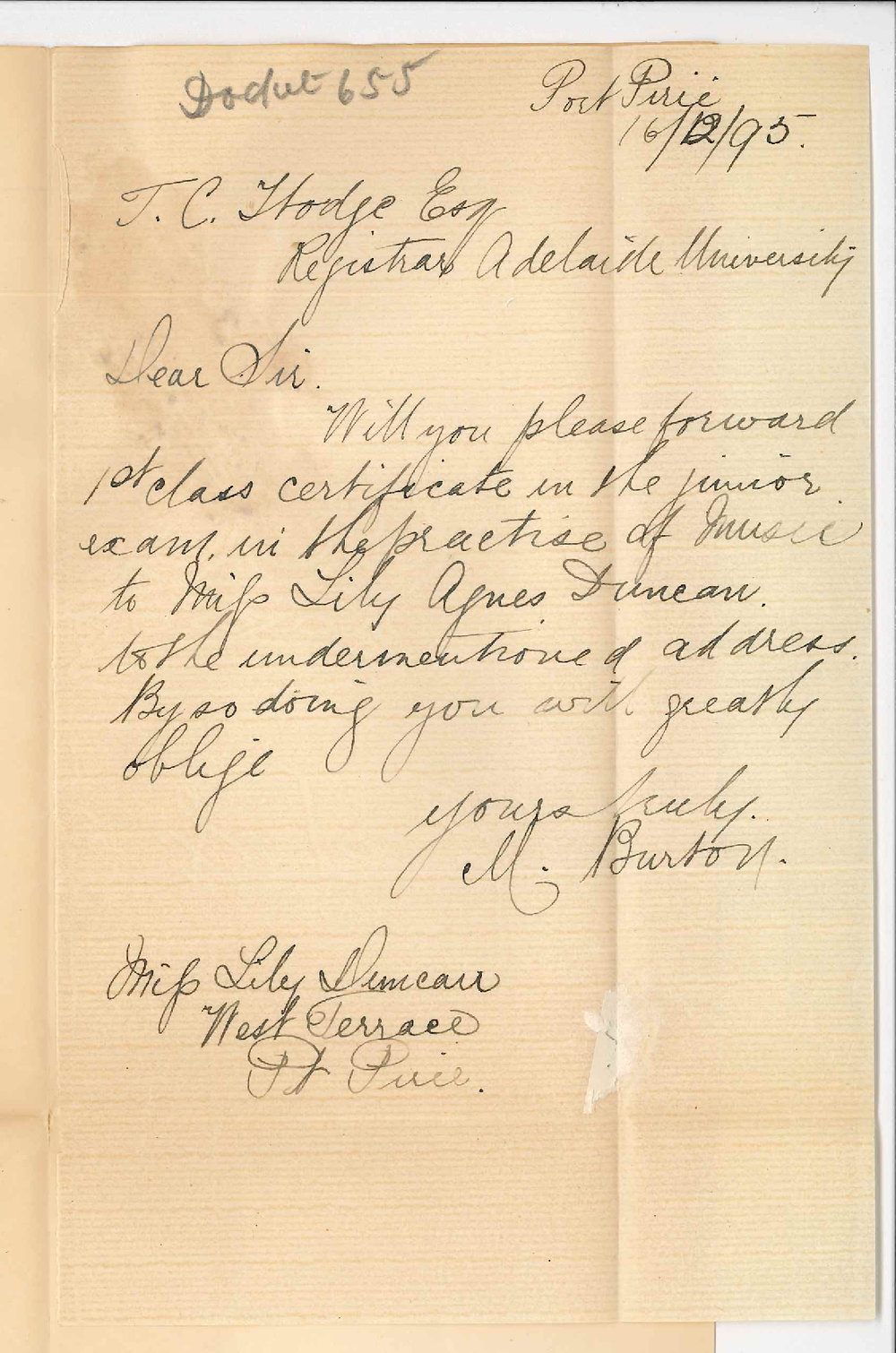 Miss Minnie Burton - Port Pirie - Requesting Miss L A Duncan's Certificate Music