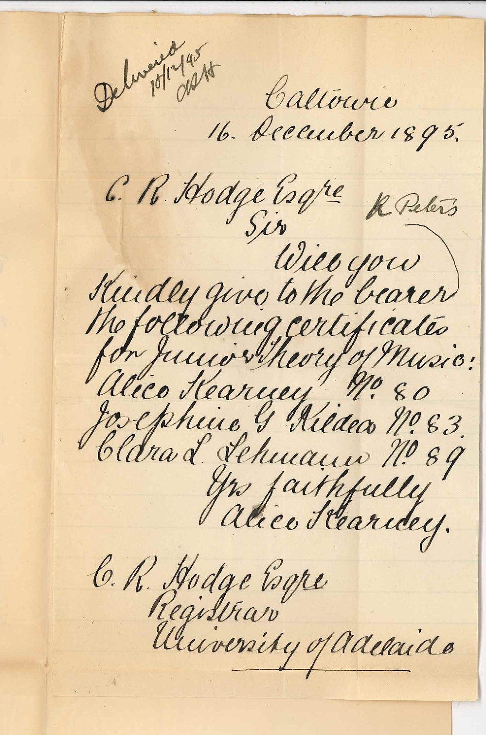 Miss Alice Kearney - Caltowie - Requesting Certificates