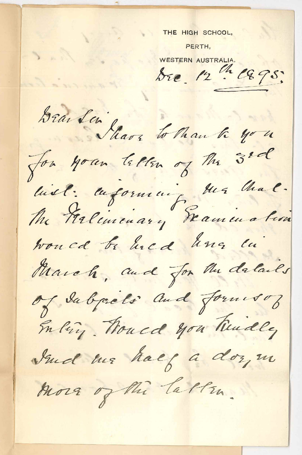 F C Faulkner - High School - Perth WA - Regarding Preliminary Examination at Perth etc