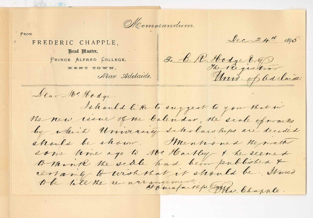 Frederic Chapple - Prince Alfred College Kent Town - Scale of marks for Scholarship in Calendar