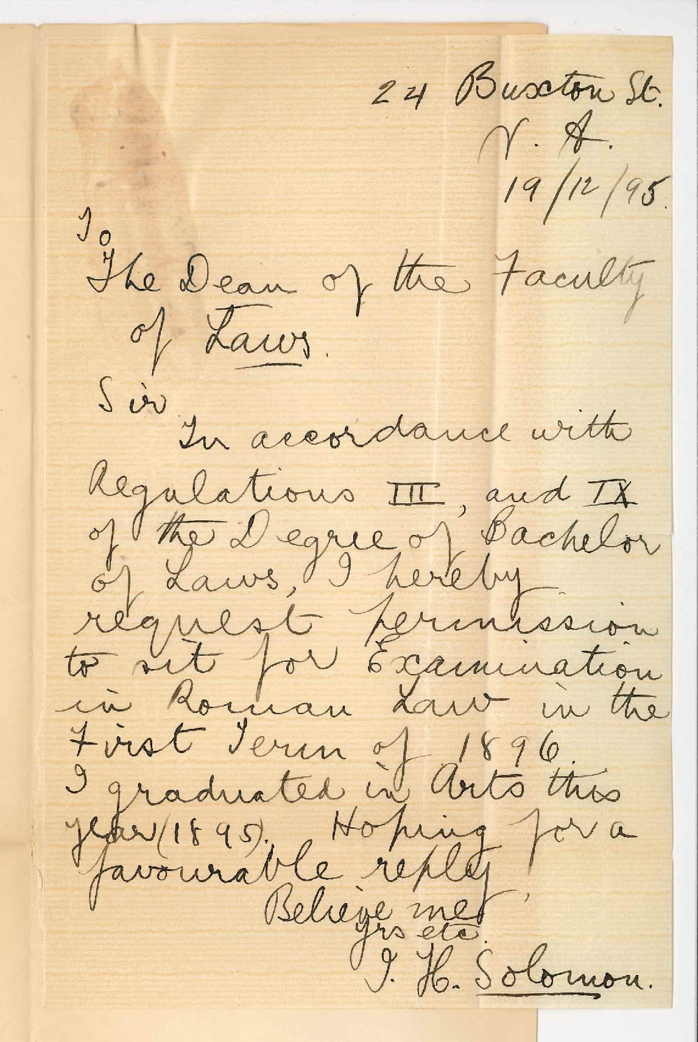 Judah Moss Solomon - Buxton Street North Adelaide - Permission to be examined in Roman Law