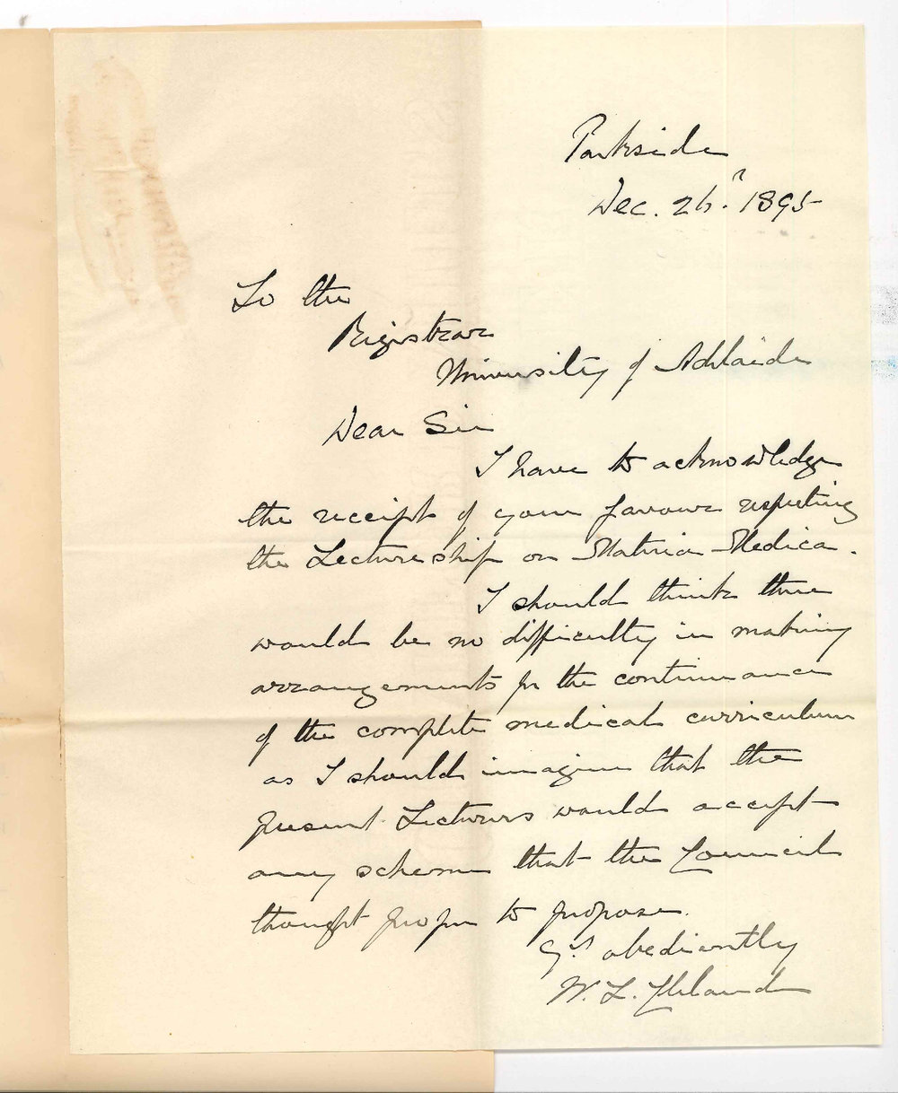 Dr William Lennox Cleland - Parkside - Termination of Lectureship