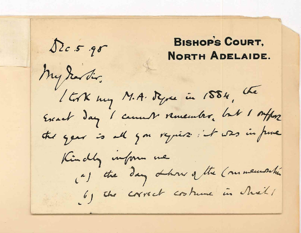 Right Reverend Bishop Harmer - Bishops Court - North Adelaide - Particulars regarding taking degree