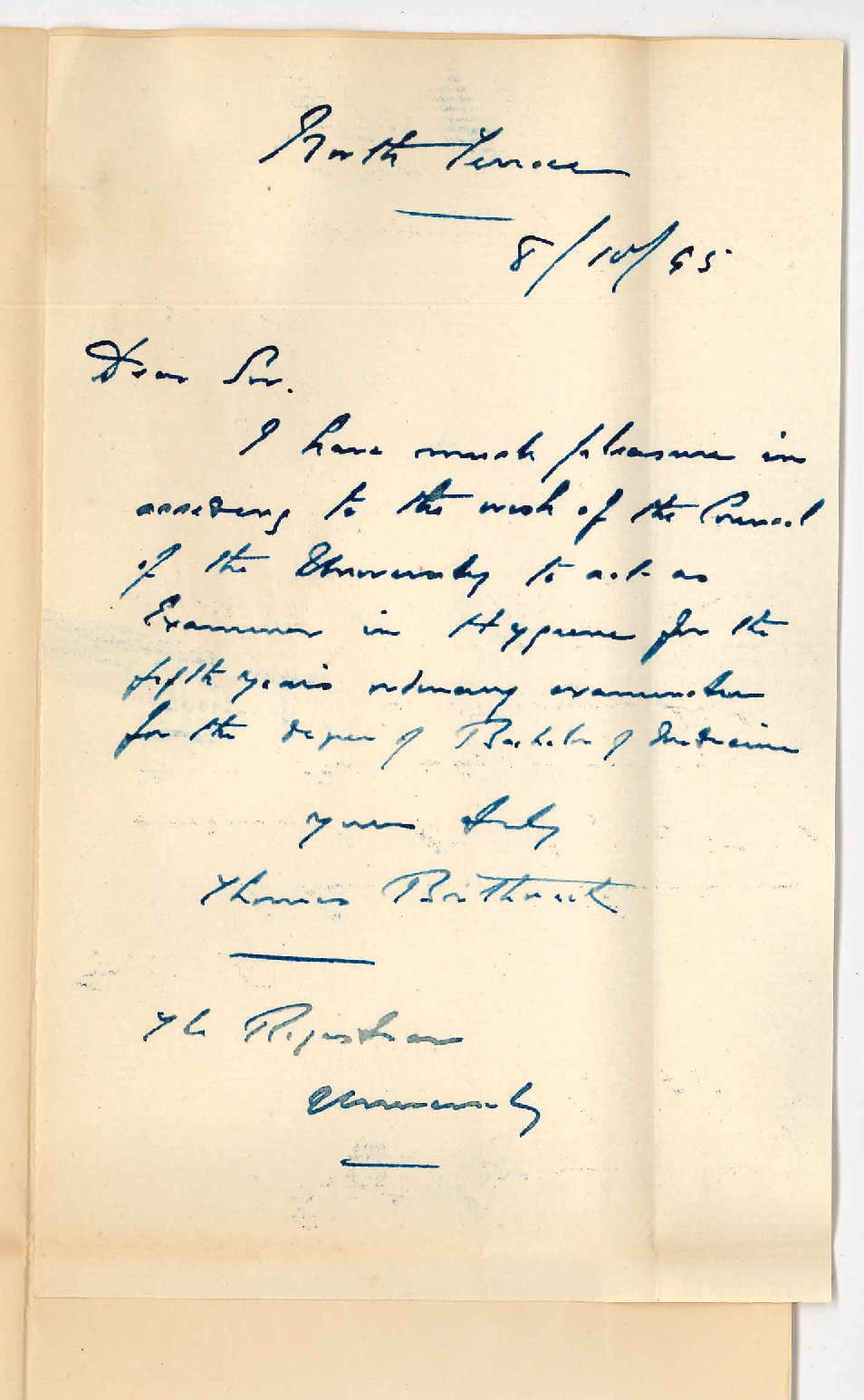 Dr Thomas Borthwick - will examine in Hygiene in November 1895