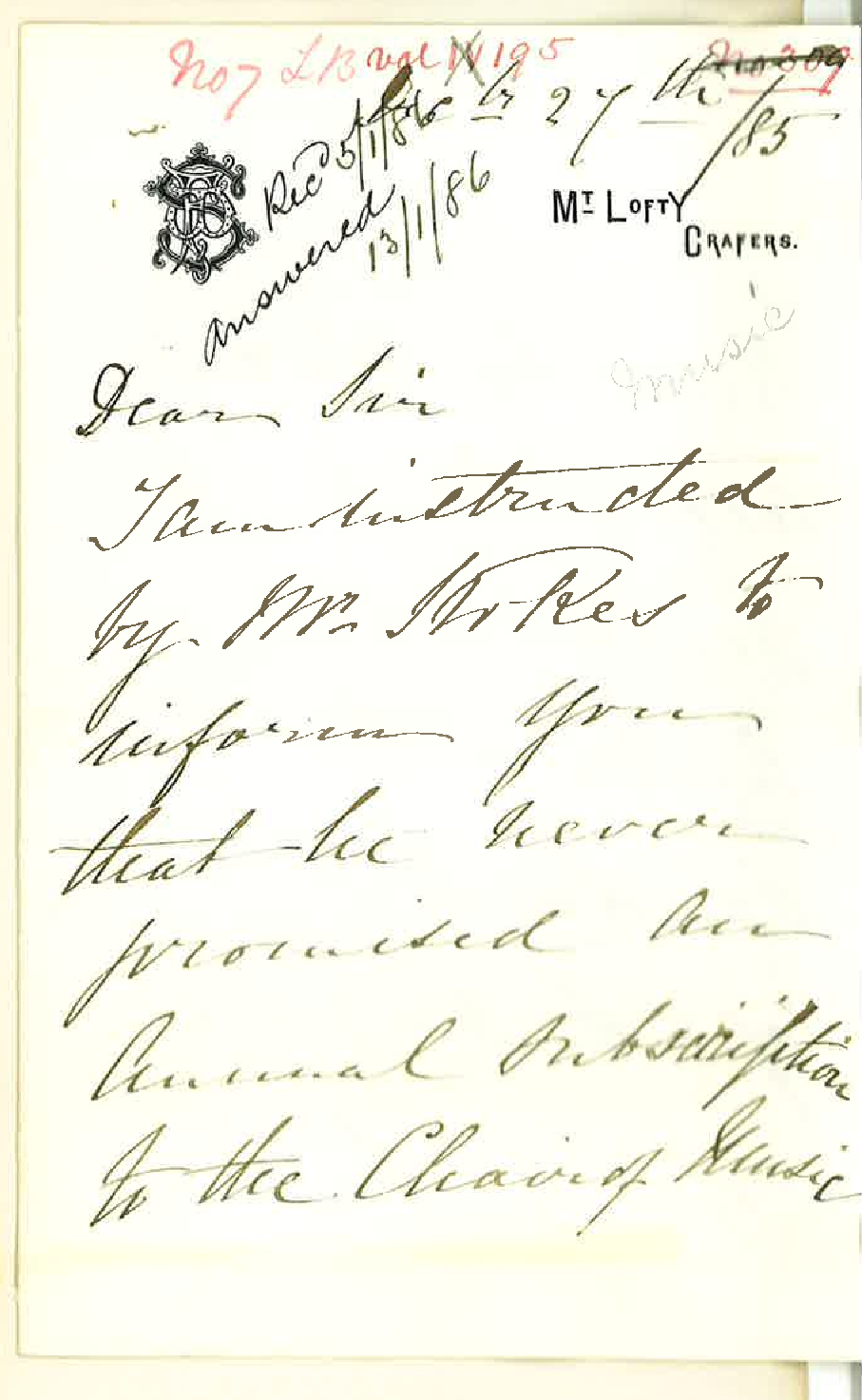 F W Stokes - Mount Lofty Crafers - Subscription to Chair of Music