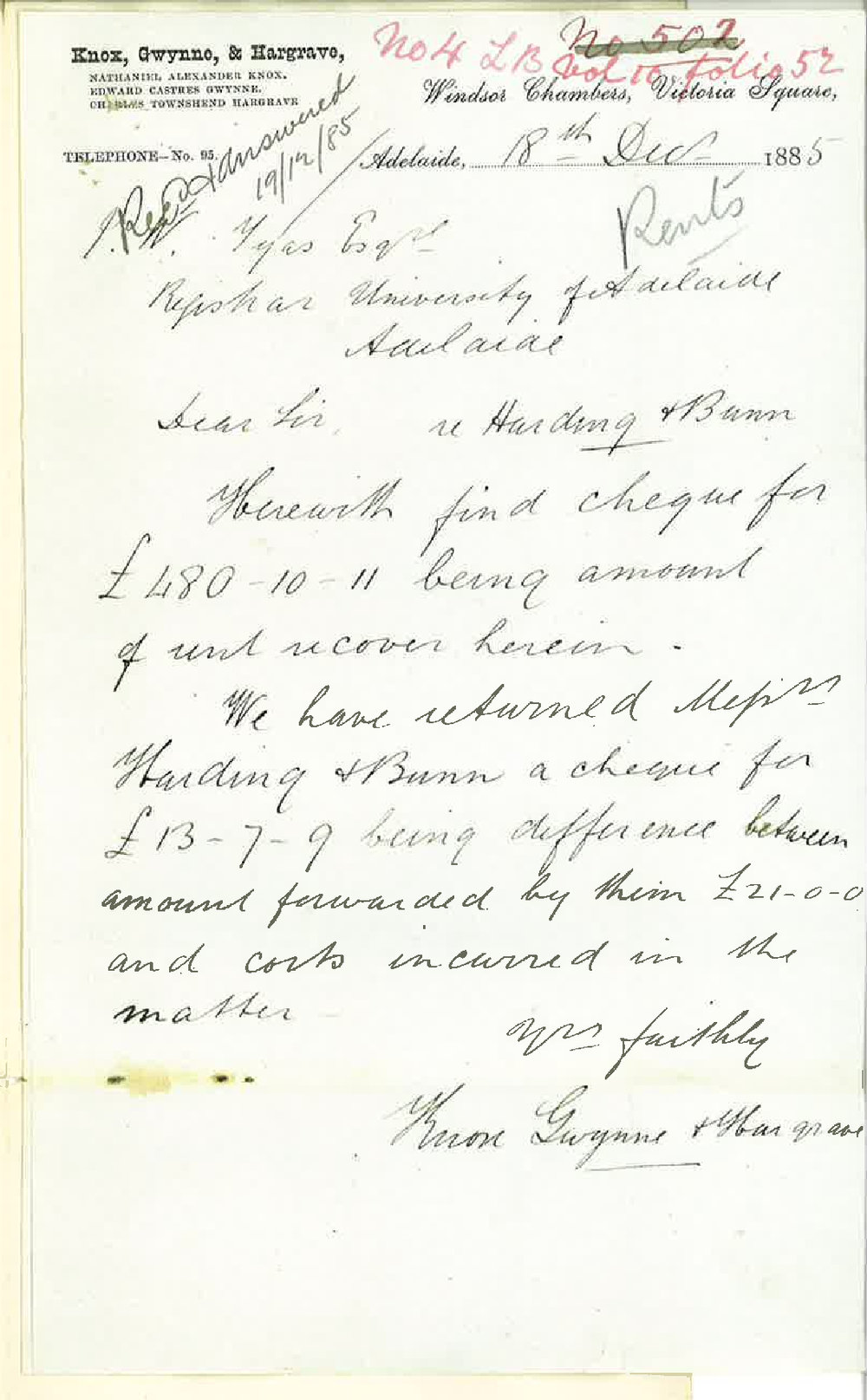 Knox Gwynne and Hargrave - Victoria Square Adelaide - Harding and Bunn - Rent Recovered