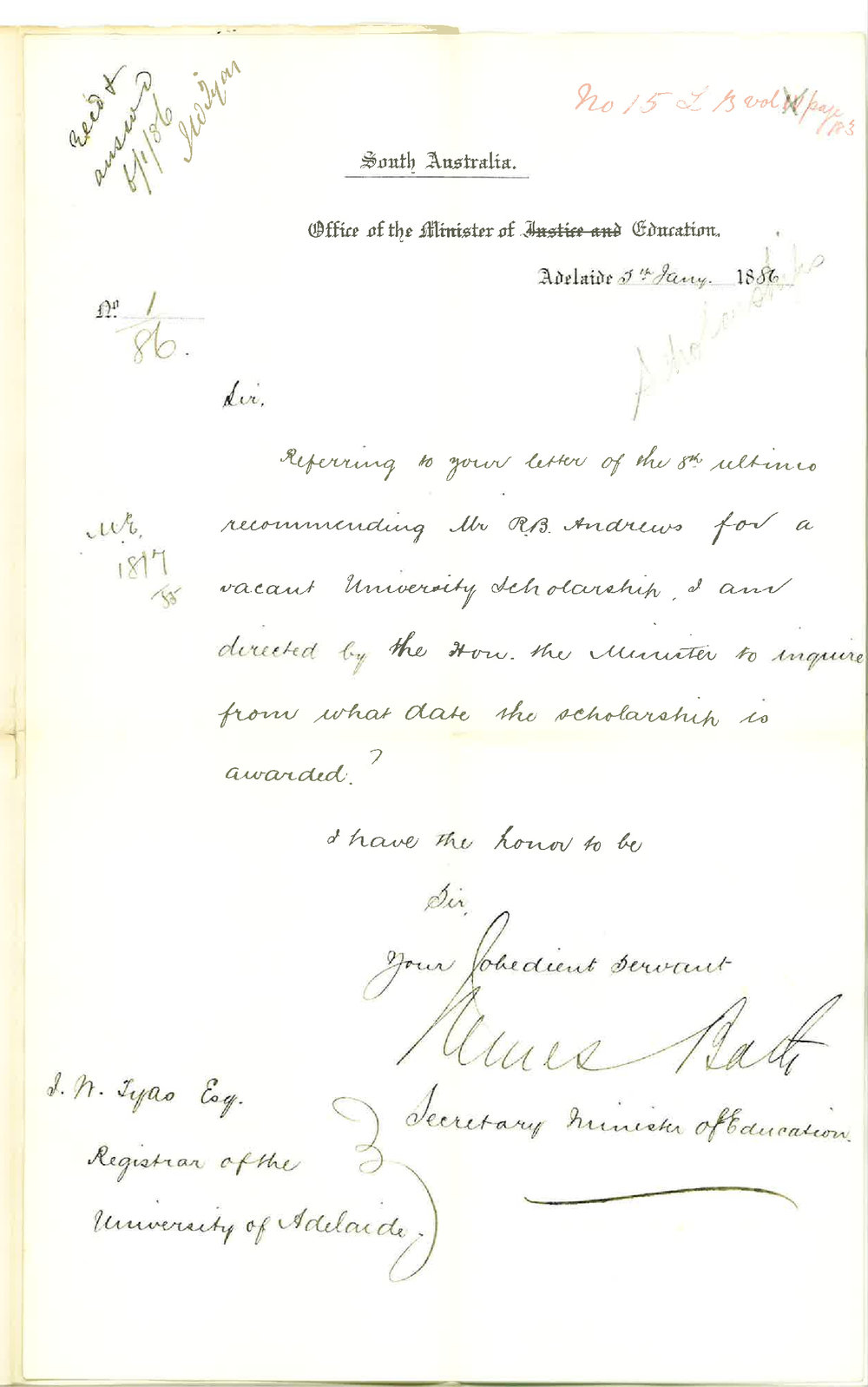 James Bath - Secretary - Office of the Minister of Education - Vacant University Scholarship - Mr R B Andrews