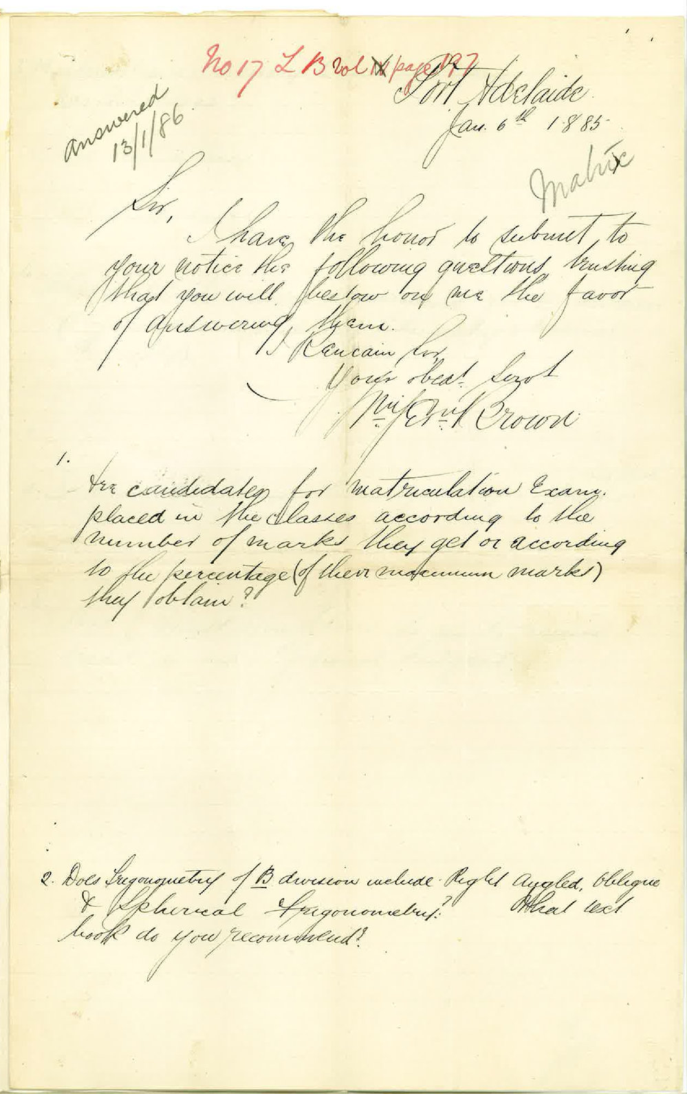 W J Brown - Port Adelaide - Matriculation