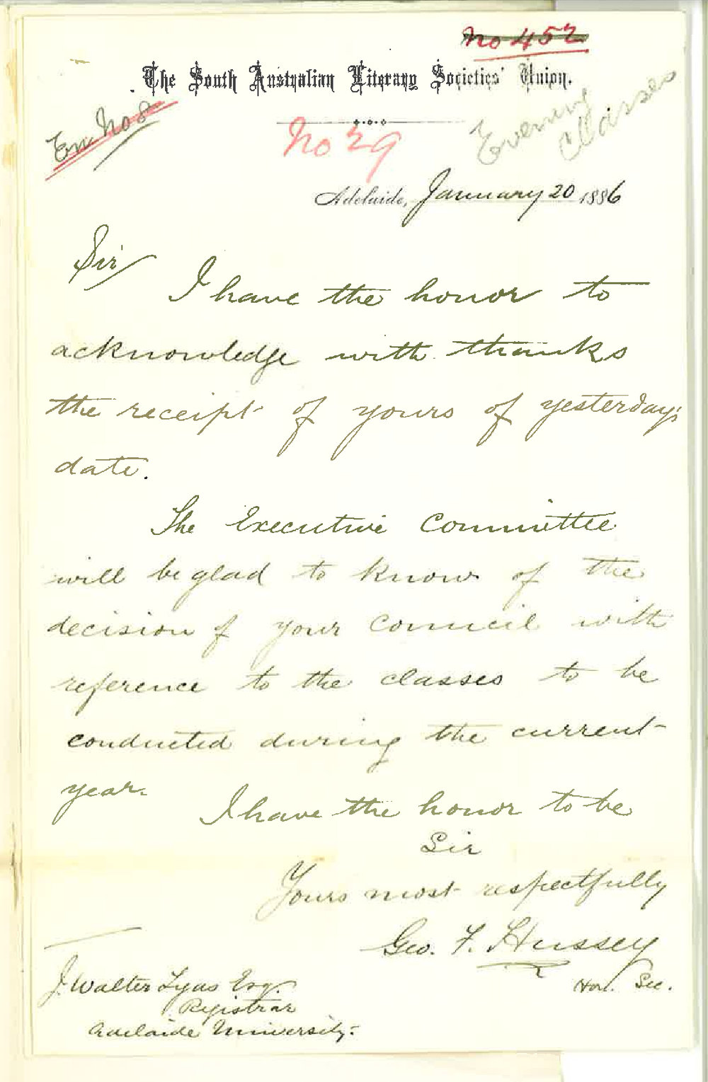 George Frederick Hussey - General Post Office [GPO] - Relating to Evening Classes