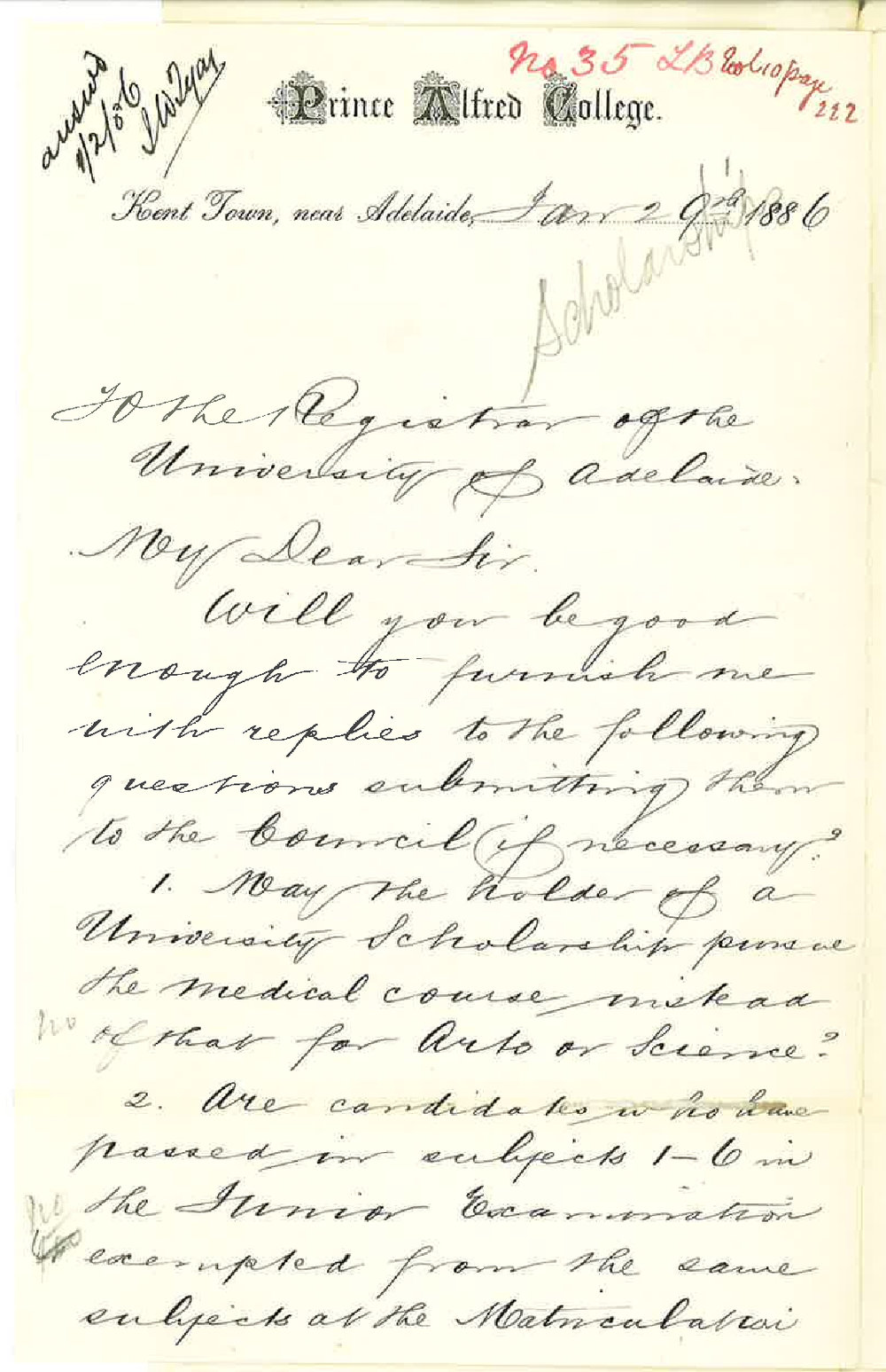 Frederic Chapple - Prince Alfred College - University Scholarships Medical Arts and Science Degrees - Compulsory Subjects in the Matriculation Examination