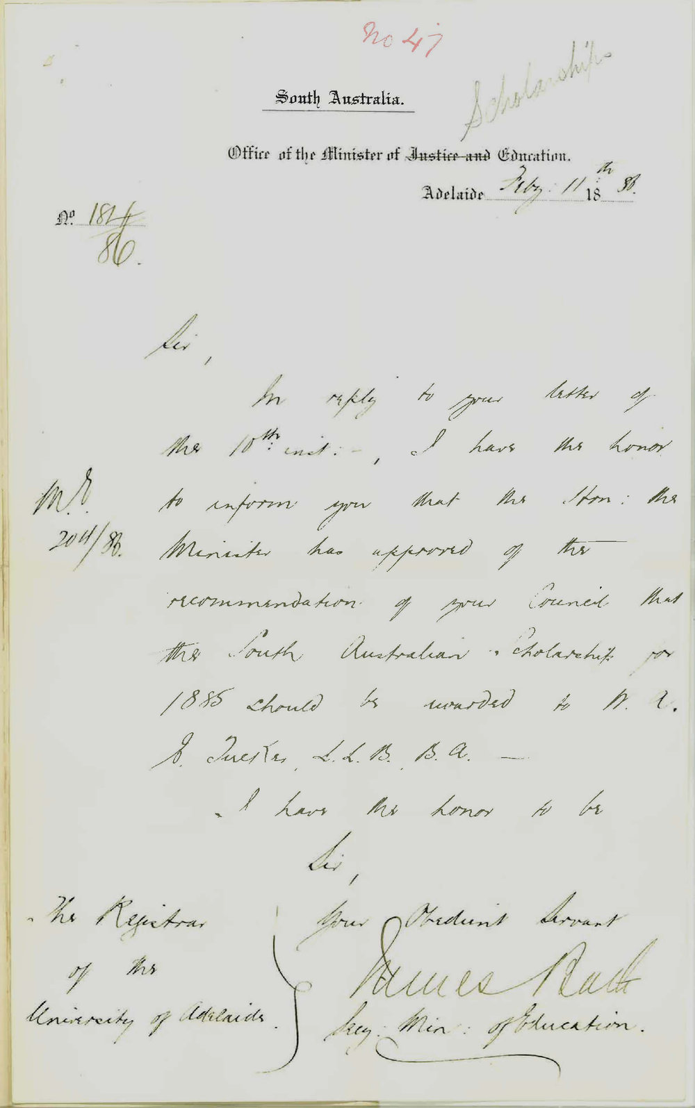 Minister of Education - General Post Office [GPO] - South Australian Scholarship for 1885