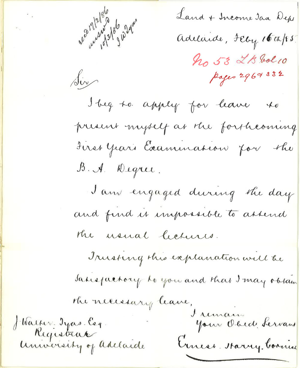Ernest Harry Cornish - Adelaide - Asking for Exemption from Lectures for BA Course