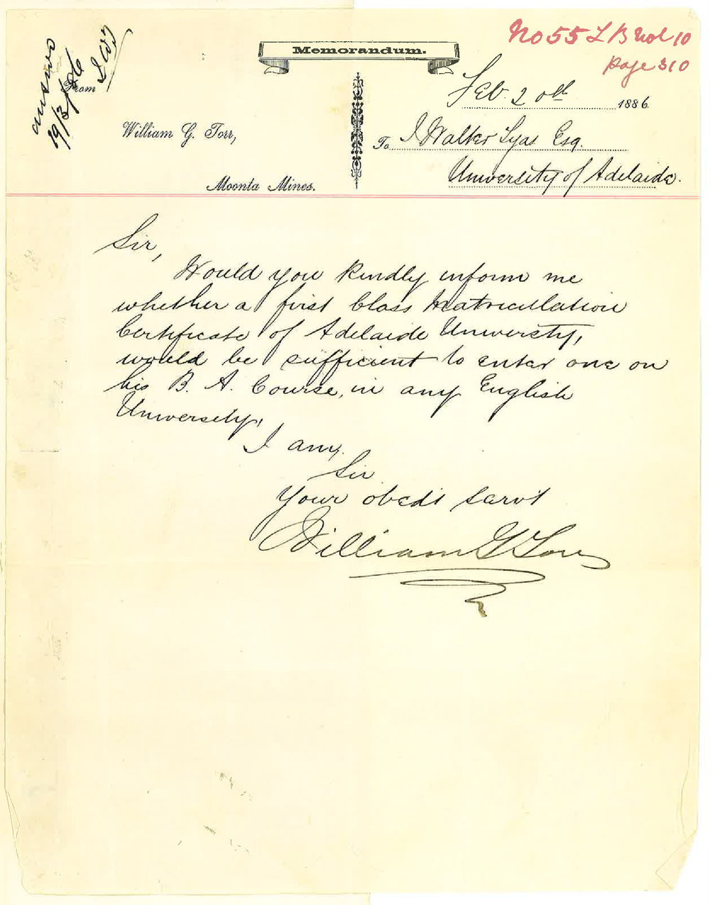 William G Torr - Moonta Mines - Adelaide Matriculation and BA in English Universities