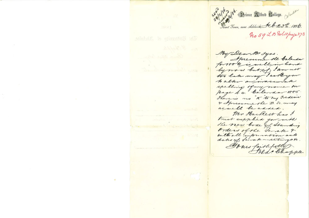 Frederic Chapple - Prince Alfred College - Calendar and Senate
