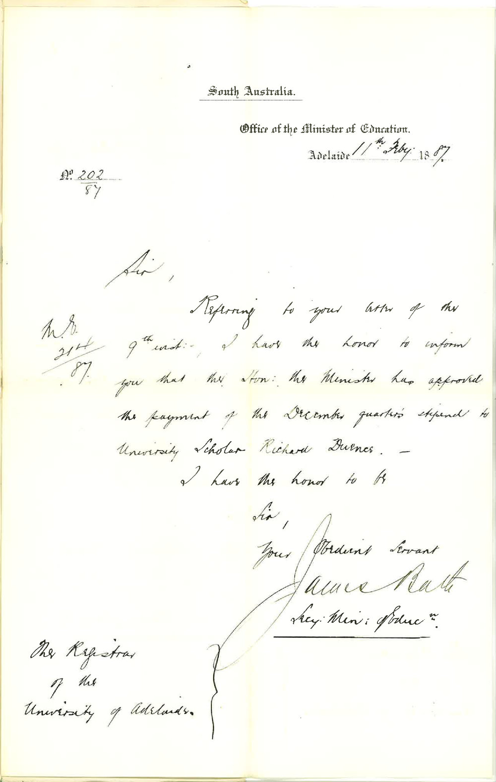 James Bath - Secretary - Office of the Minister of Education - Adelaide - Approves Payment of Scholarship Last Quarter of 1886 to Richard Duence