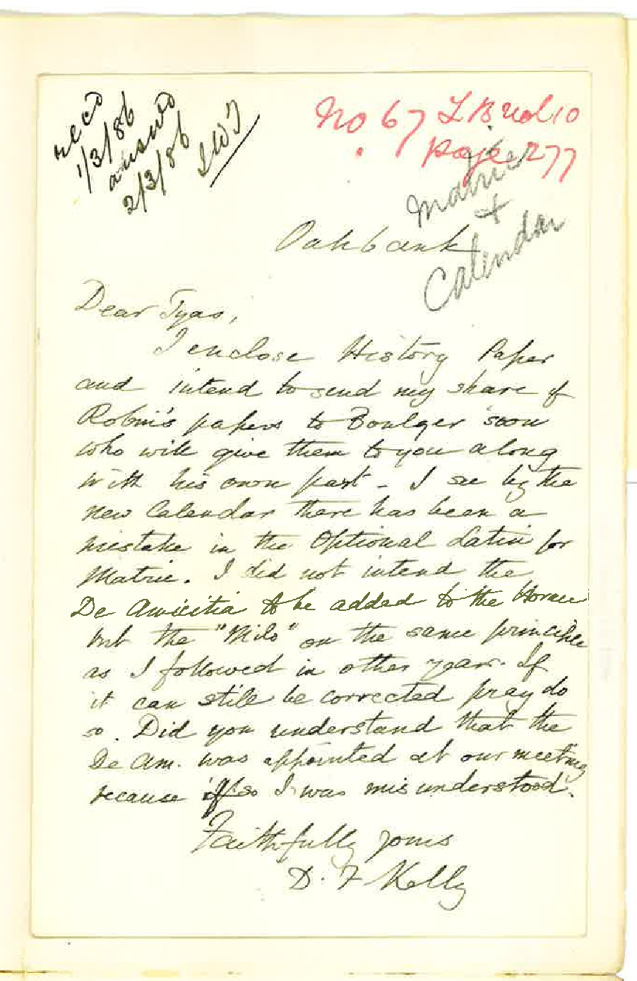 Professor David Frederick Kelly - Matriculation Examination