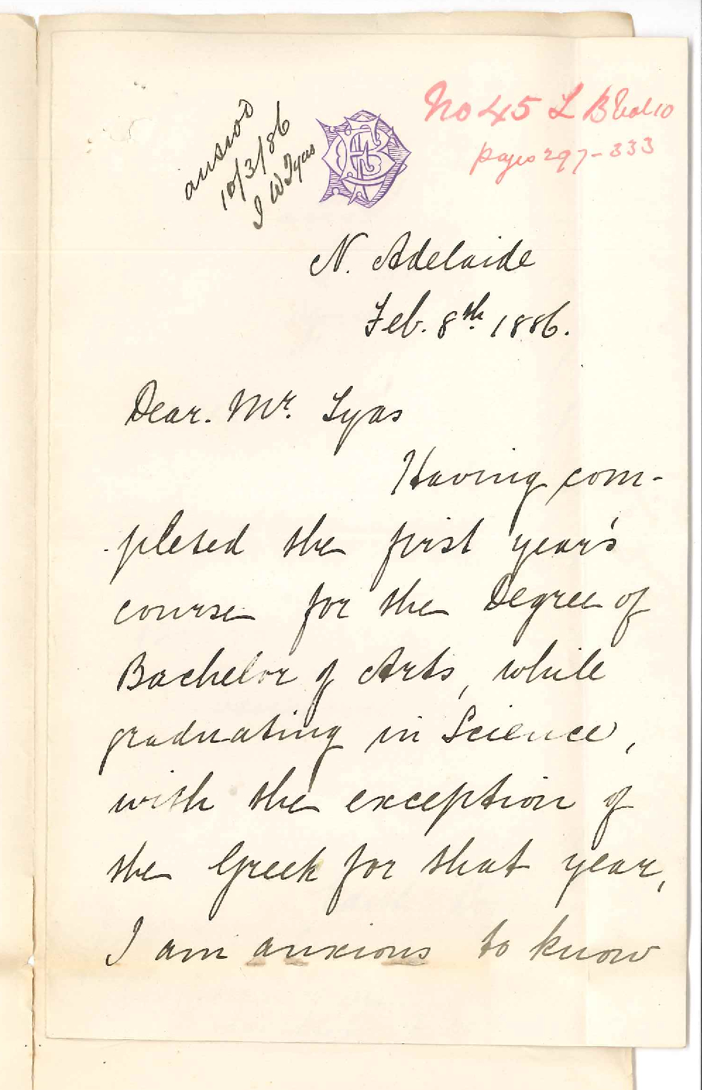 Miss Edith Dornwell - Requesting to be Admitted as Second Year Student in Arts