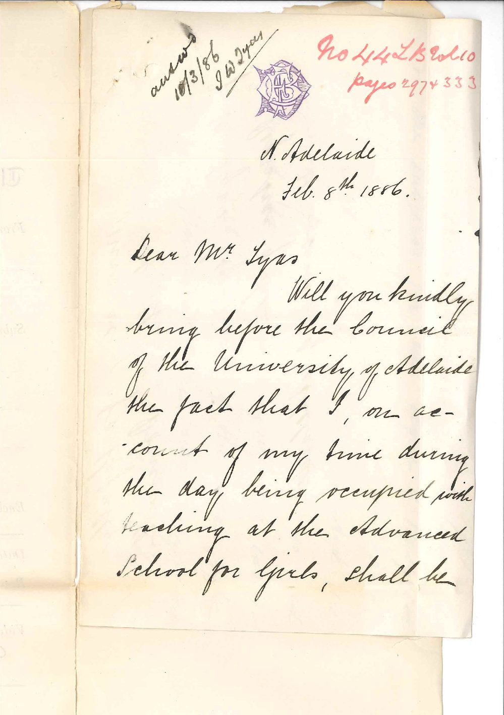 Miss Edith Dornwell - Asking Exemption from Lecture for BA Course