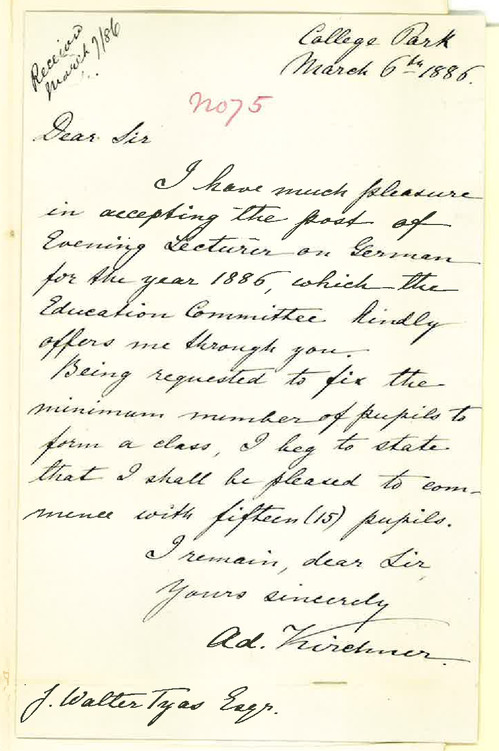 Herr A Kirchner - Saint Peters College - Accepting Post of Evening Lecturer in German