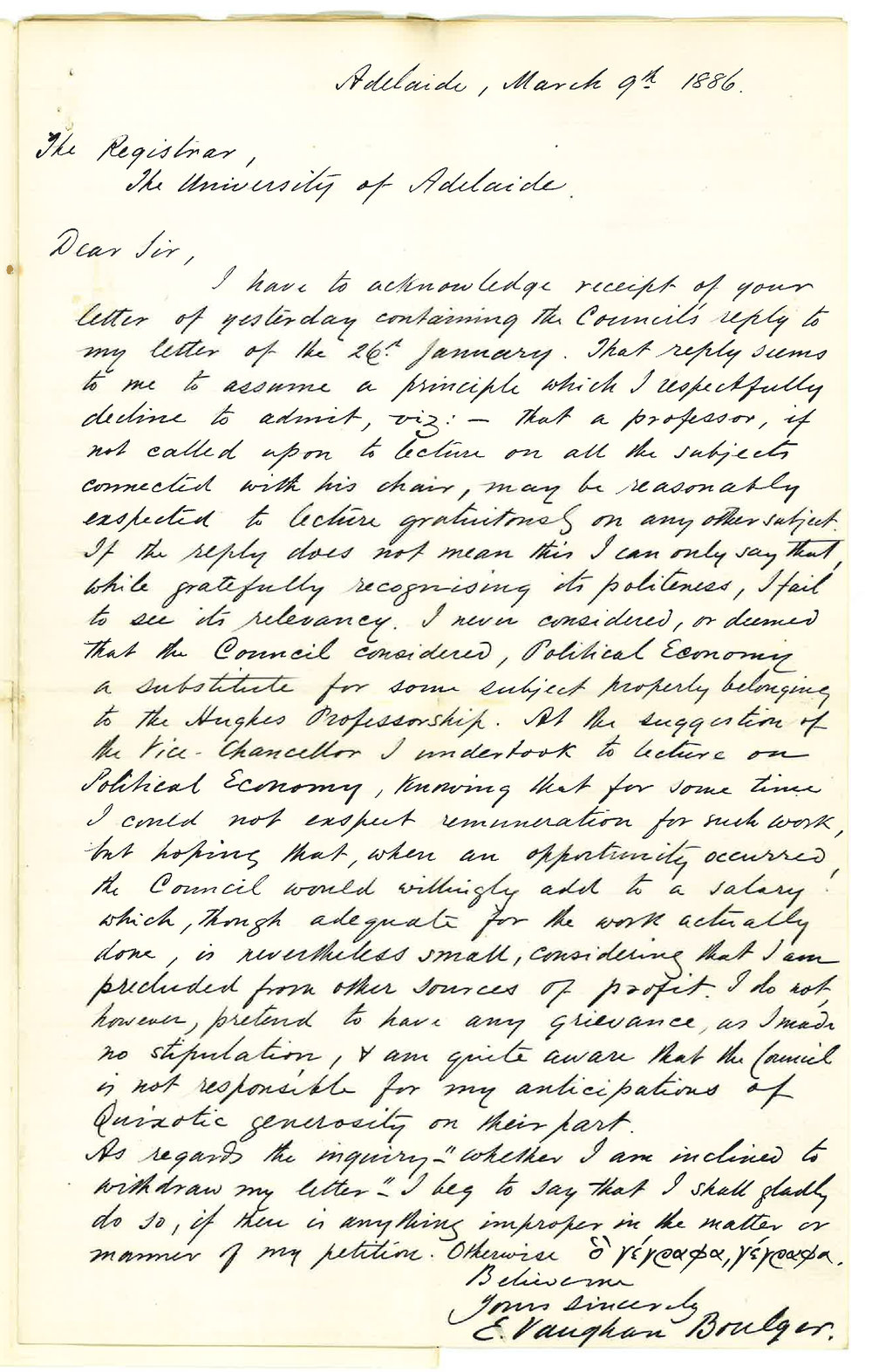 Professor Edward Vaughan Boulger - Adelaide - Gratuitous Lectures on Political Economy - Resignation of Same