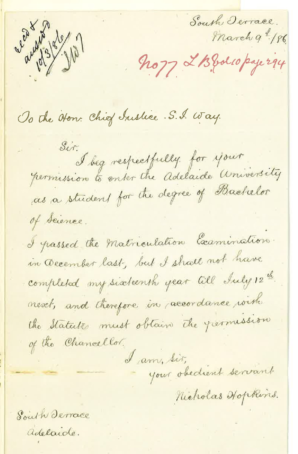 Nicholas Hopkins - South Terrace Adelaide - Admission Under Age as an Undergraduate