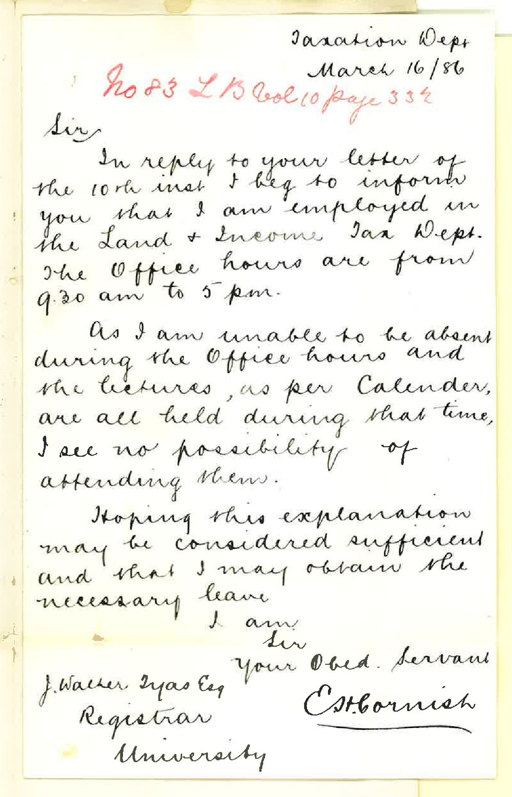 Ernest Harry Cornish - Taxation Office - Exemption from Lectures