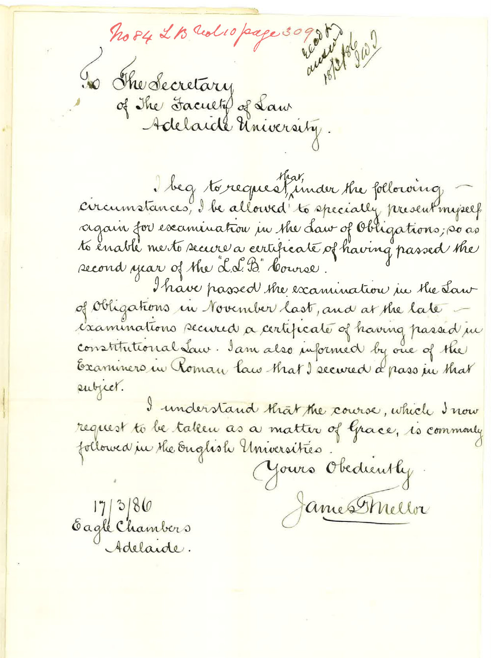 James T Mellor - King William Street Adelaide - Asking for Special Examination in Law of Obligations