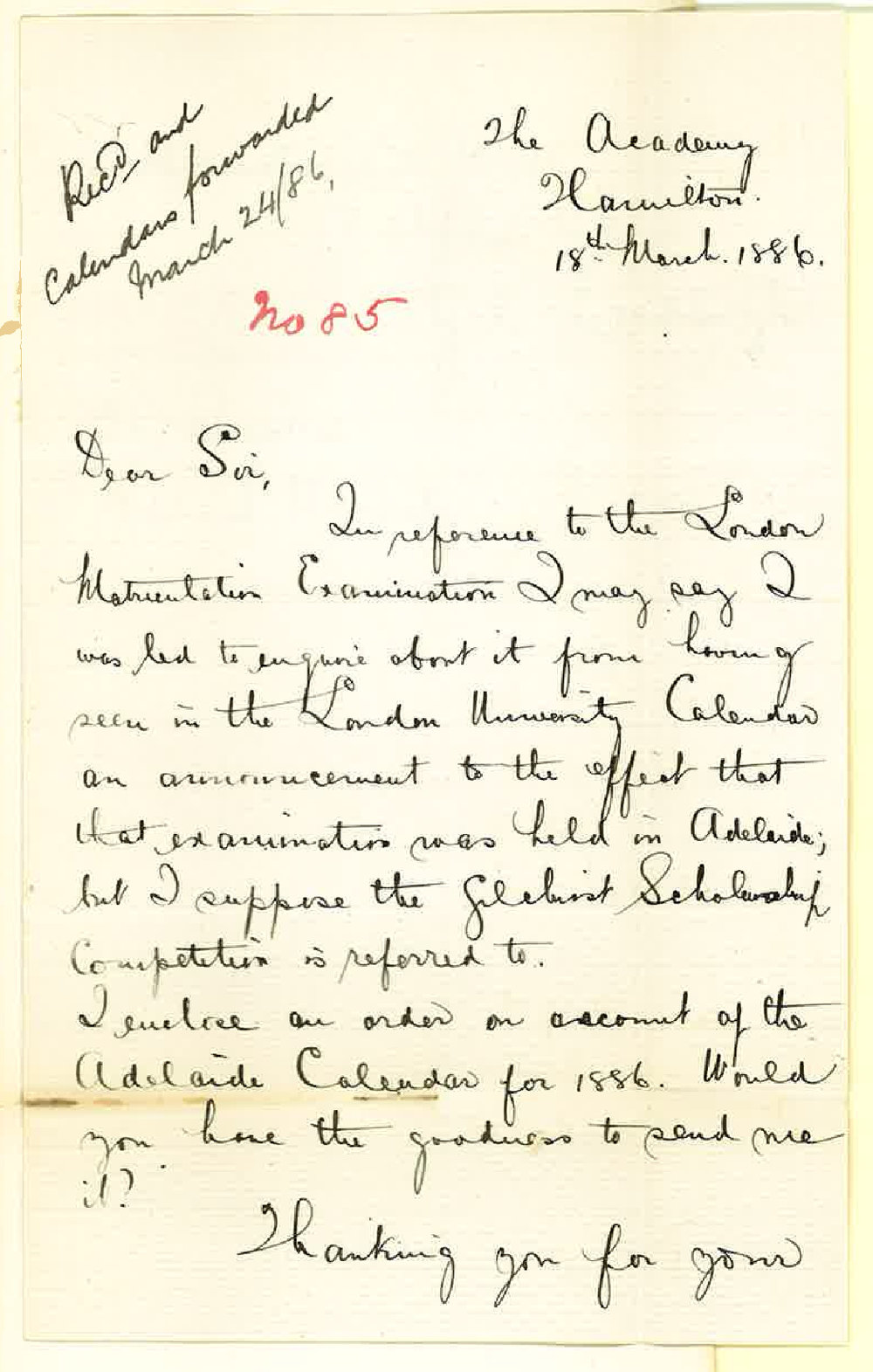 G E Lamplugh - The Academy Hamilton Victoria - London Matriculation Examination - Calendar