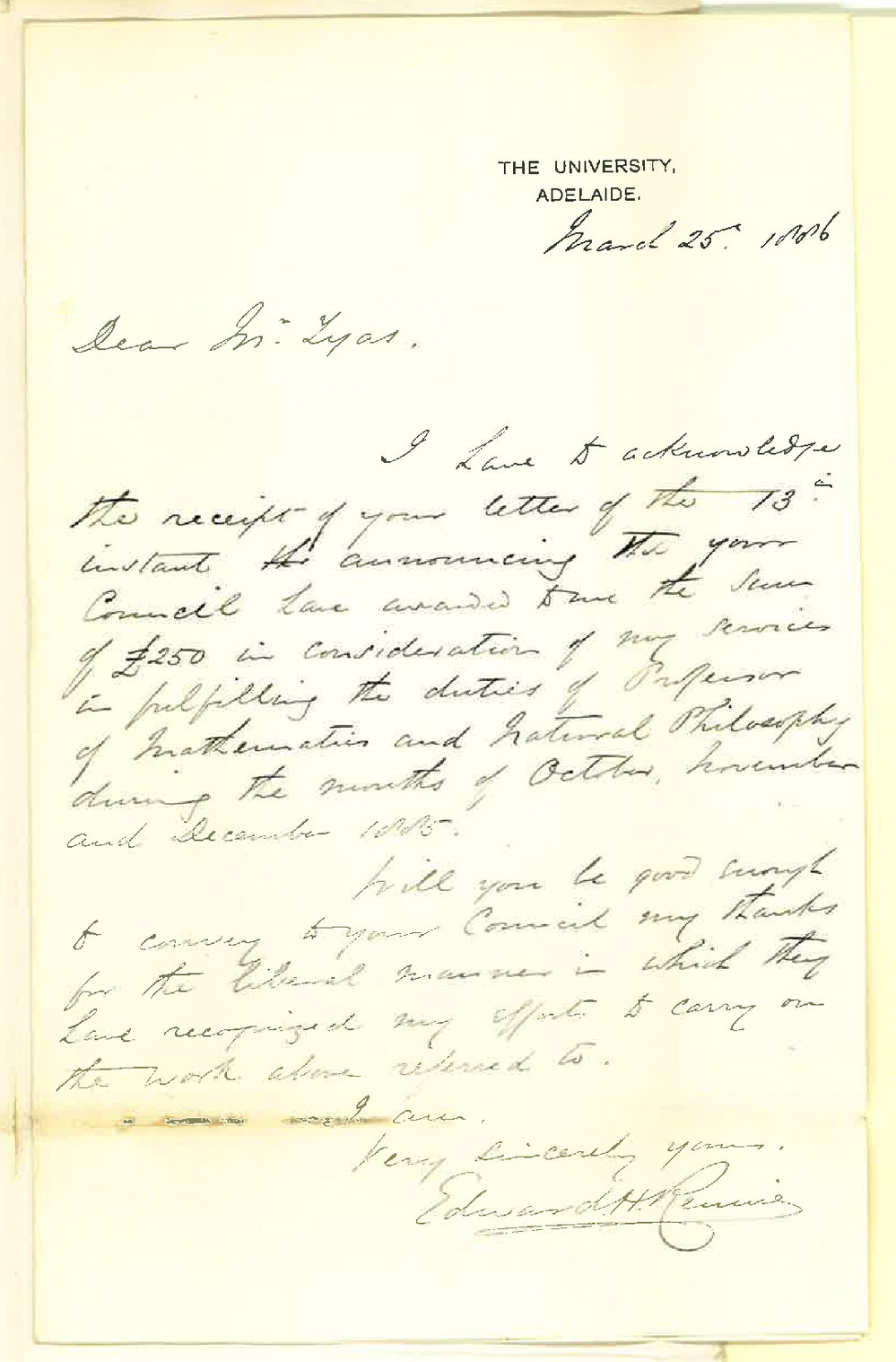 Professor Edward Henry Rennie - The University - Thanking Council for Grant &pound;250 for Work of Mathematical Chair